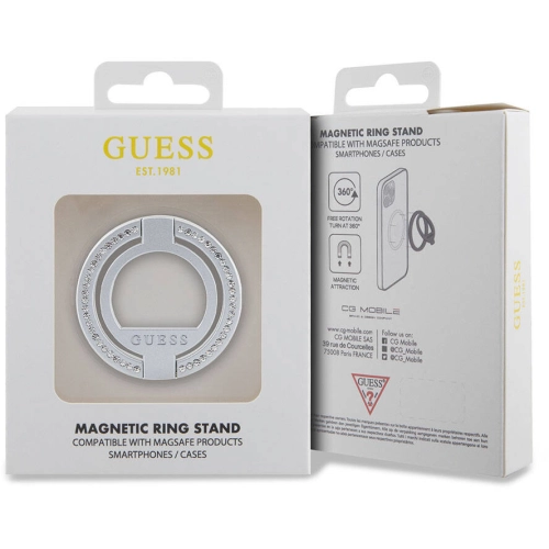 Guess Orjinal Lisanslı Magsafe Şarj Özellikli Yazı Logolu Taşlı Yüzüklü Magnetik Stand - Gümüş