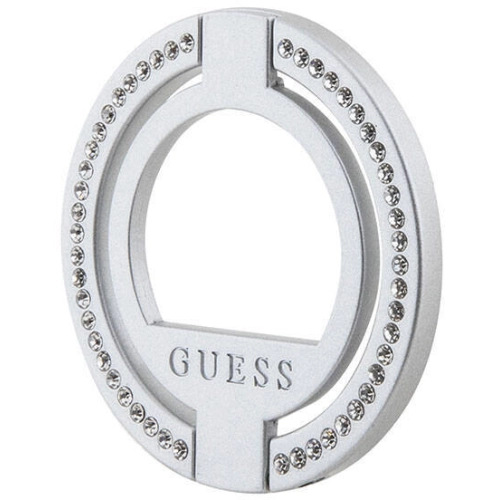 Guess Orjinal Lisanslı Magsafe Şarj Özellikli Yazı Logolu Taşlı Yüzüklü Magnetik Stand - Gümüş