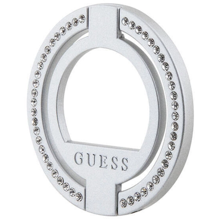 Guess Orjinal Lisanslı Magsafe Şarj Özellikli Yazı Logolu Taşlı Yüzüklü Magnetik Stand - Gümüş