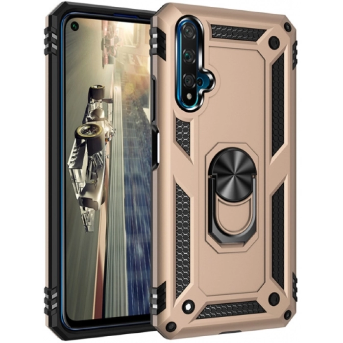 Honor 20 Kılıf Silikon Zırhlı Standlı Yüzüklü Mıknatıslı Tank Kapak - Gold