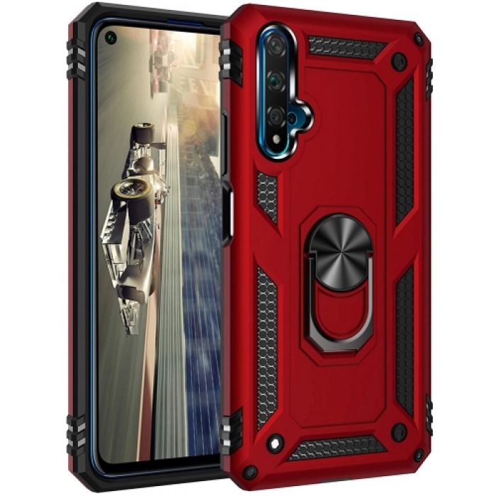 Honor 20 Kılıf Silikon Zırhlı Standlı Yüzüklü Mıknatıslı Tank Kapak - Kırmızı