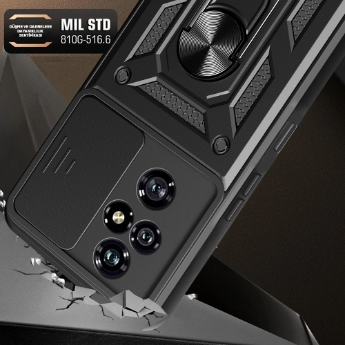 Honor 200 Pro Kılıf Zırhlı Standlı Silikon Sürgülü Kamera Korumalı Tank Kapak - Siyah