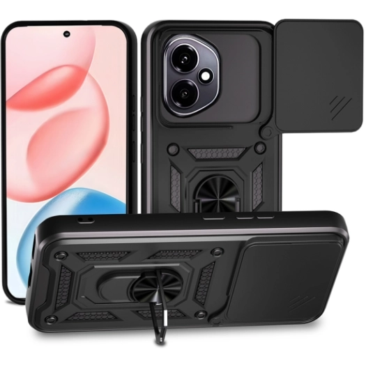 Honor 400 Kılıf Zırhlı Standlı Silikon Sürgülü Kamera Korumalı Tank Kapak - Siyah