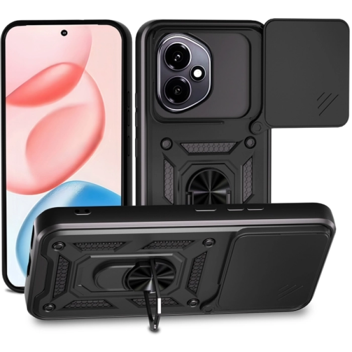 Honor 400 Kılıf Zırhlı Standlı Silikon Sürgülü Kamera Korumalı Tank Kapak - Siyah