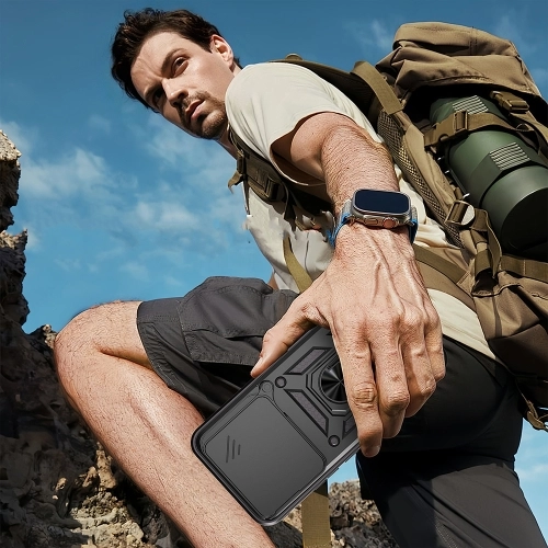 Honor 400 Kılıf Zırhlı Standlı Silikon Sürgülü Kamera Korumalı Tank Kapak - Siyah