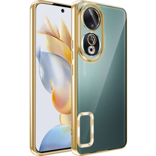 Honor 90 Kılıf Kamera Lens Korumalı Şeffaf Renkli Logo Gösteren Parlak Kapak - Gold