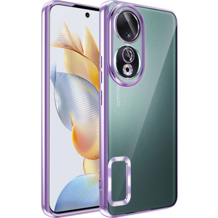 Honor 90 Kılıf Kamera Lens Korumalı Şeffaf Renkli Logo Gösteren Parlak Kapak - Lila