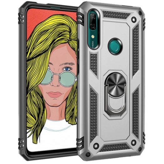 Honor 9x Kılıf Silikon Zırhlı Standlı Yüzüklü Mıknatıslı Tank Kapak - Gümüş