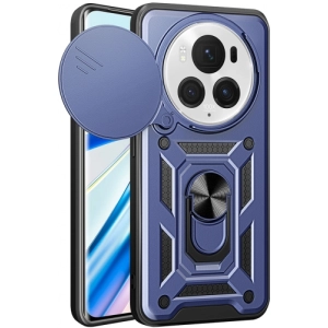 Honor Magic 6 Pro Kılıf Zırhlı Standlı Silikon Sürgülü Kamera Korumalı Tank Kapak - Mavi