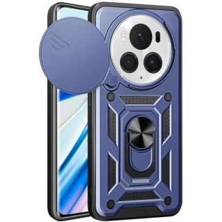 Honor Magic 6 Pro Kılıf Zırhlı Standlı Silikon Sürgülü Kamera Korumalı Tank Kapak - Mavi