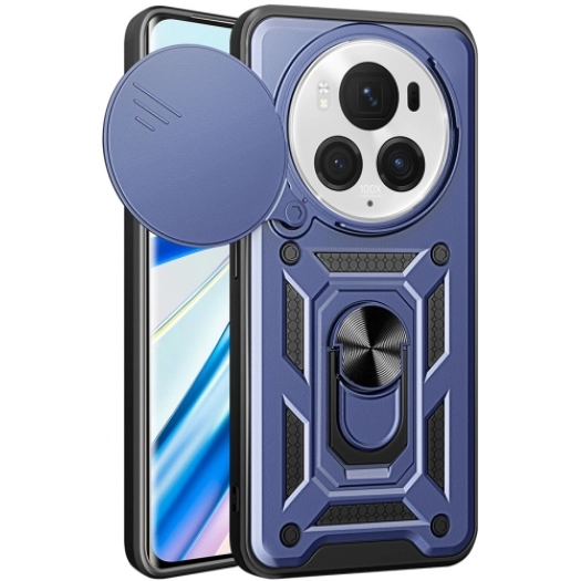 Honor Magic 6 Pro Kılıf Zırhlı Standlı Silikon Sürgülü Kamera Korumalı Tank Kapak - Mavi