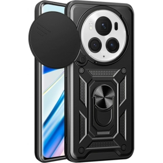 Honor Magic 6 Pro Kılıf Zırhlı Standlı Silikon Sürgülü Kamera Korumalı Tank Kapak - Siyah