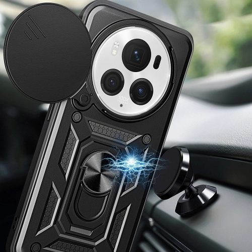 Honor Magic 6 Pro Kılıf Zırhlı Standlı Silikon Sürgülü Kamera Korumalı Tank Kapak - Siyah