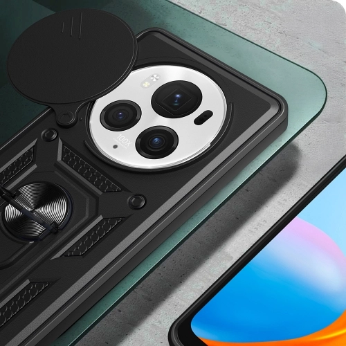 Honor Magic 6 Pro Kılıf Zırhlı Standlı Silikon Sürgülü Kamera Korumalı Tank Kapak - Siyah