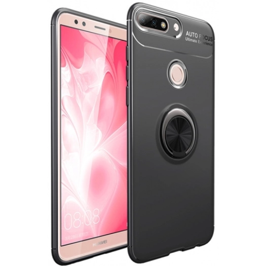 Huawei Honor 7C Kılıf Renkli Silikon Yüzüklü Standlı Auto Focus Ravel Kapak - Siyah