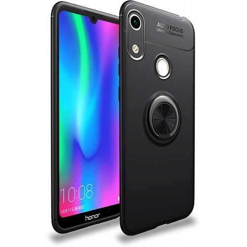 Huawei Honor 8A Kılıf Renkli Silikon Yüzüklü Standlı Auto Focus Ravel Kapak - Siyah