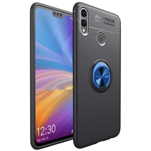 Huawei Honor 8c Kılıf Renkli Silikon Yüzüklü Standlı Auto Focus Ravel Kapak - Mavi - Siyah