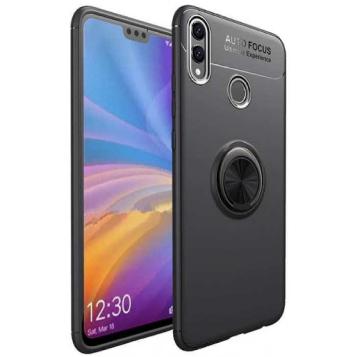 Huawei Honor 8c Kılıf Renkli Silikon Yüzüklü Standlı Auto Focus Ravel Kapak - Siyah