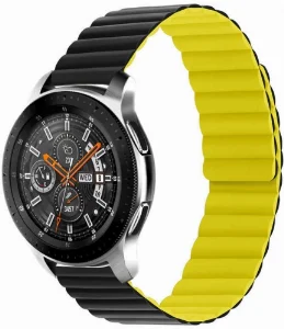 Huawei Honor Magic Watch 2 46mm Çift Renkli Çizgili Parça Desenli Akıllı Saat Kordon Mıknatıslı KRD-52  - Siyah-Sarı