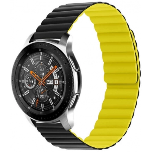 Huawei Honor Magic Watch 2 46mm Çift Renkli Çizgili Parça Desenli Akıllı Saat Kordon Mıknatıslı KRD-52  - Siyah-Sarı