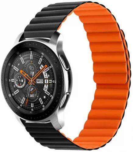 Huawei Honor Magic Watch 2 46mm Çift Renkli Çizgili Parça Desenli Akıllı Saat Kordon Mıknatıslı KRD-52  - Siyah-Turuncu