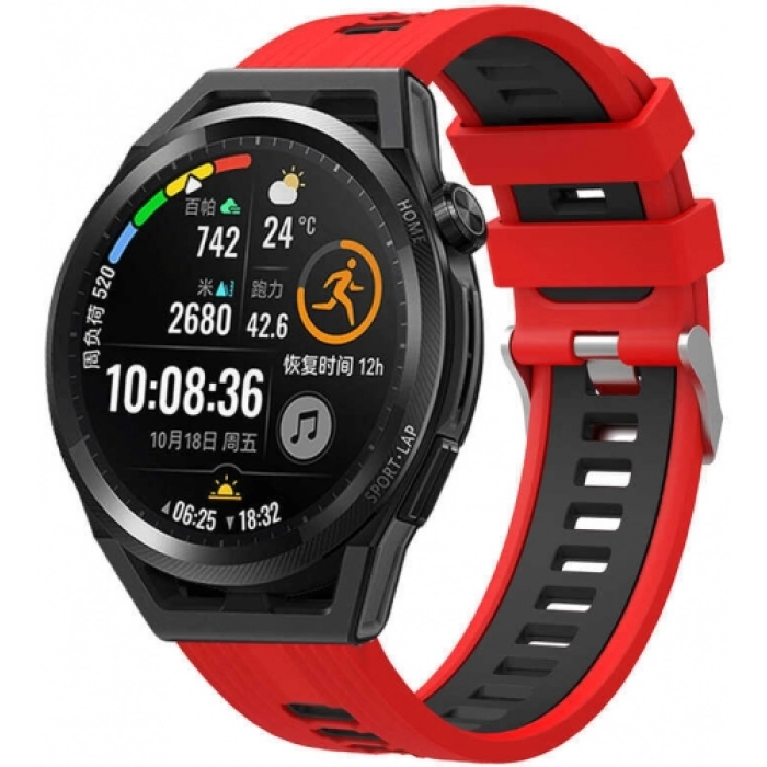 Huawei Honor Magic Watch 2 46mm Kordon Metal Toka Tasarımlı Çift Renkli KRD-55 Silikon Kordon - Kırmızı-Siyah