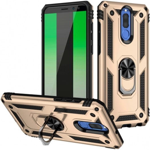 Huawei Mate 10 Lite Kılıf Silikon Zırhlı Standlı Yüzüklü Mıknatıslı Tank Kapak - Gold