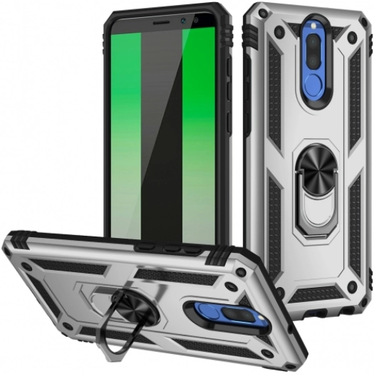 Huawei Mate 10 Lite Kılıf Silikon Zırhlı Standlı Yüzüklü Mıknatıslı Tank Kapak - Gri