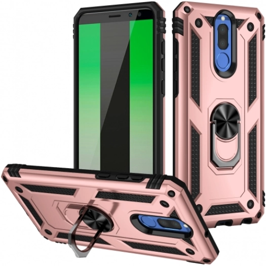 Huawei Mate 10 Lite Kılıf Silikon Zırhlı Standlı Yüzüklü Mıknatıslı Tank Kapak - Rose Gold