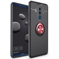 Huawei Mate 10 Pro Kılıf Renkli Silikon Yüzüklü Standlı Auto Focus Ravel Kapak - Kırmızı - Siyah
