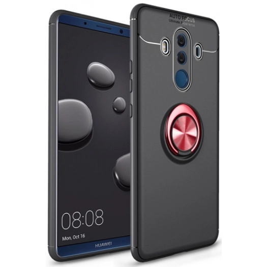 Huawei Mate 10 Pro Kılıf Renkli Silikon Yüzüklü Standlı Auto Focus Ravel Kapak - Kırmızı - Siyah