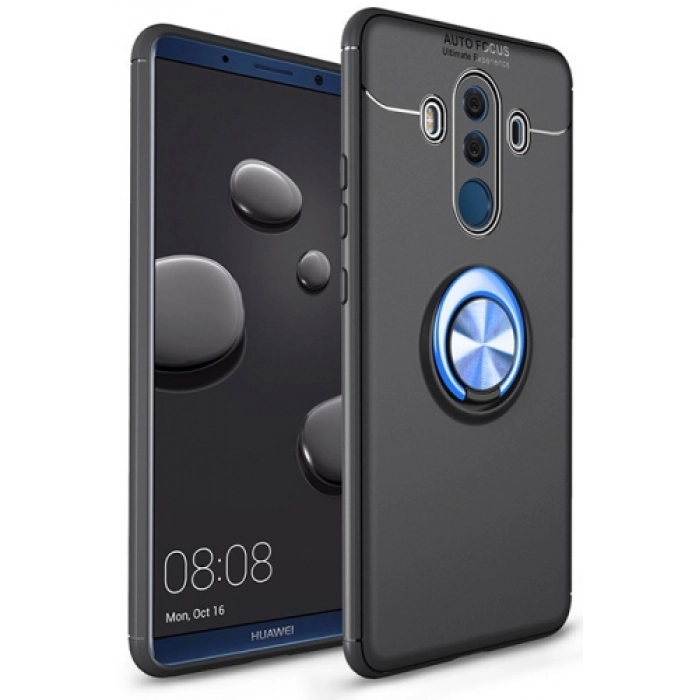 Huawei Mate 10 Pro Kılıf Renkli Silikon Yüzüklü Standlı Auto Focus Ravel Kapak - Mavi - Siyah