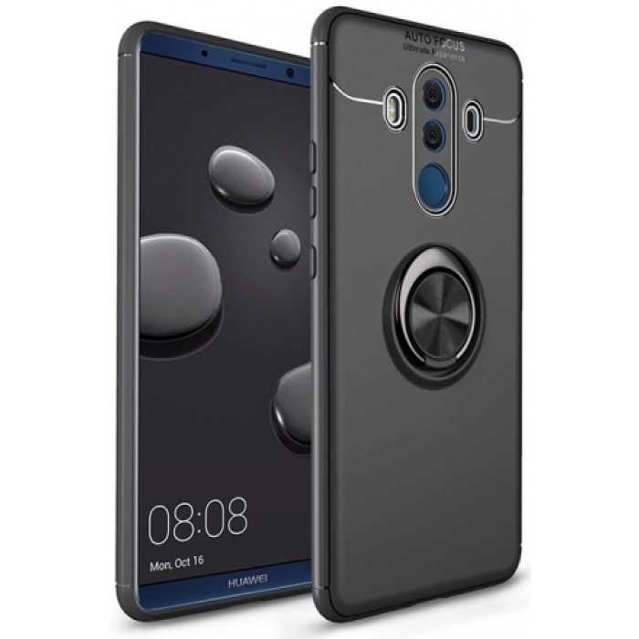 Huawei Mate 10 Pro Kılıf Renkli Silikon Yüzüklü Standlı Auto Focus Ravel Kapak - Siyah