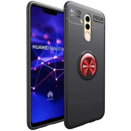 Huawei Mate 20 Lite Kılıf Renkli Silikon Yüzüklü Standlı Auto Focus Ravel Kapak - Kırmızı - Siyah
