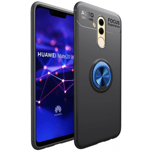 Huawei Mate 20 Lite Kılıf Renkli Silikon Yüzüklü Standlı Auto Focus Ravel Kapak - Mavi - Siyah