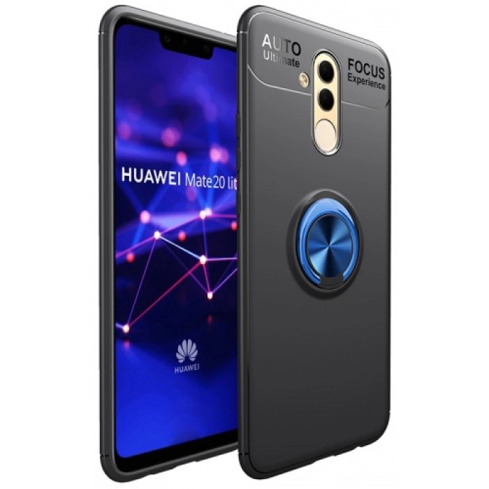 Huawei Mate 20 Lite Kılıf Renkli Silikon Yüzüklü Standlı Auto Focus Ravel Kapak - Mavi - Siyah