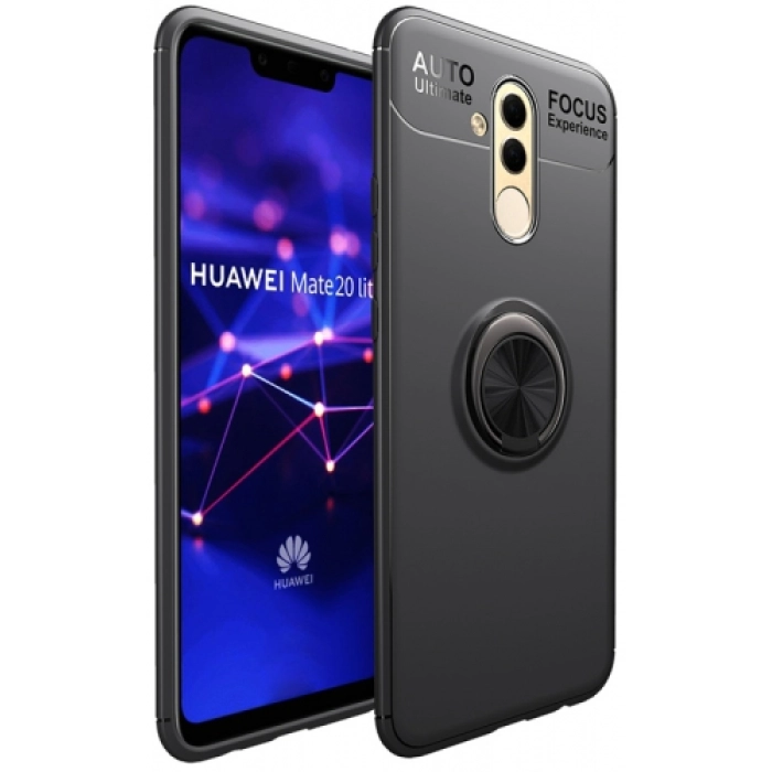 Huawei Mate 20 Lite Kılıf Renkli Silikon Yüzüklü Standlı Auto Focus Ravel Kapak - Siyah