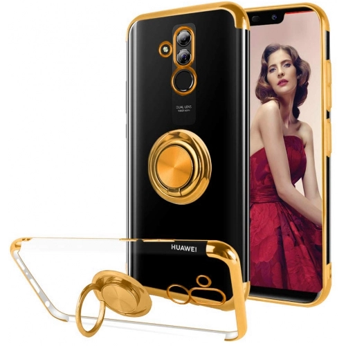 Huawei Mate 20 Lite Kılıf Renkli Köşeli Yüzüklü Standlı Lazer Şeffaf Esnek Silikon - Gold