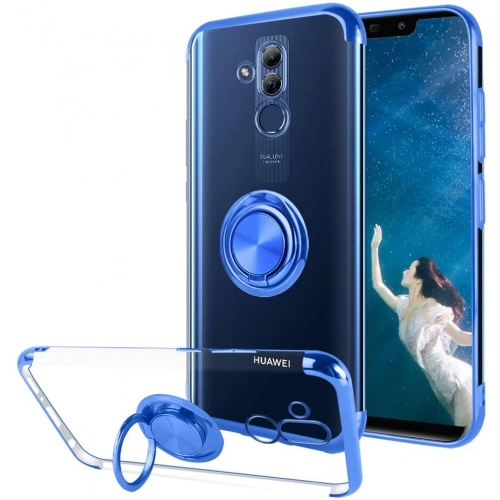 Huawei Mate 20 Lite Kılıf Renkli Köşeli Yüzüklü Standlı Lazer Şeffaf Esnek Silikon - Mavi