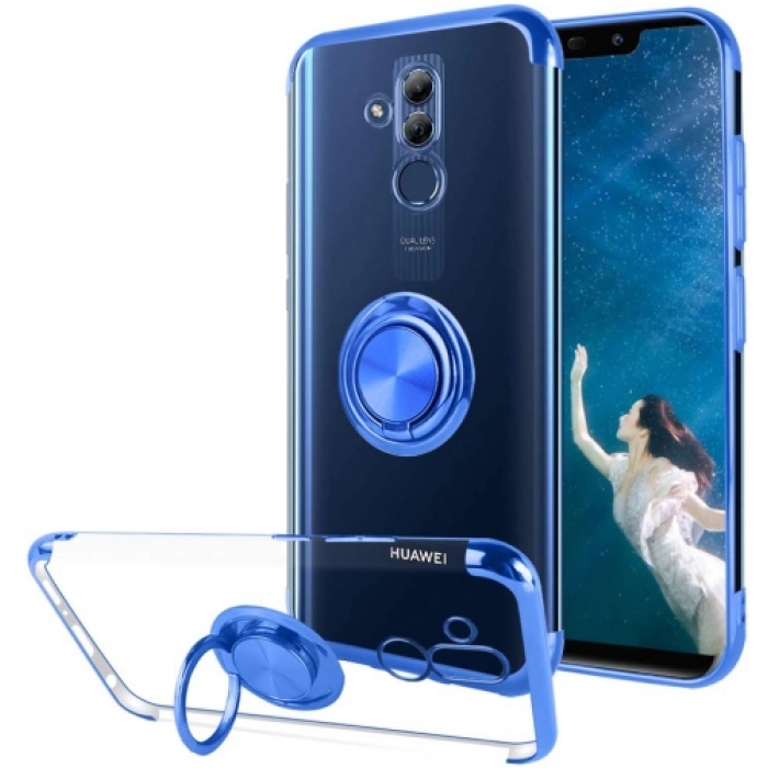 Huawei Mate 20 Lite Kılıf Renkli Köşeli Yüzüklü Standlı Lazer Şeffaf Esnek Silikon - Mavi