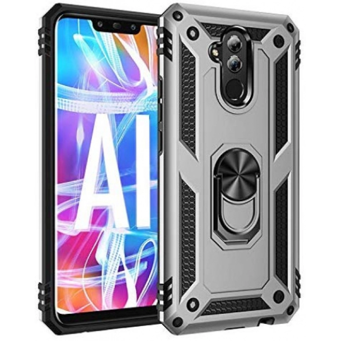 Huawei Mate 20 Lite Kılıf Silikon Zırhlı Standlı Yüzüklü Mıknatıslı Tank Kapak - Gri