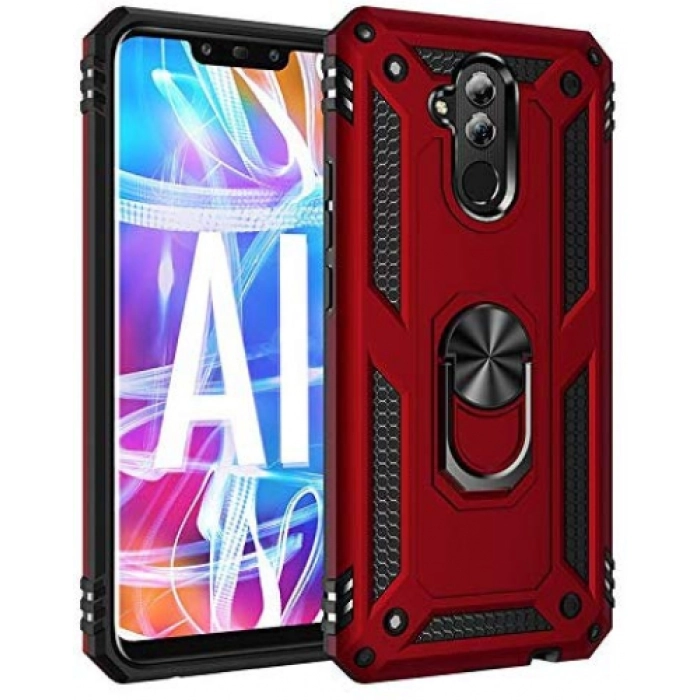 Huawei Mate 20 Lite Kılıf Silikon Zırhlı Standlı Yüzüklü Mıknatıslı Tank Kapak - Kırmızı