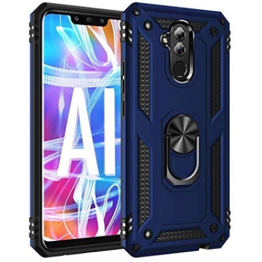 Huawei Mate 20 Lite Kılıf Silikon Zırhlı Standlı Yüzüklü Mıknatıslı Tank Kapak - Lacivert