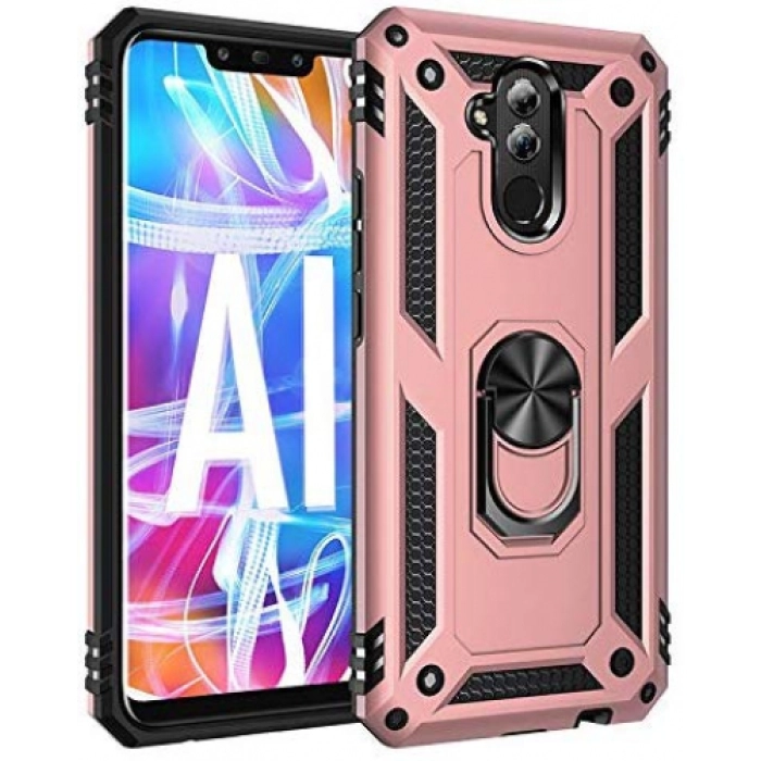 Huawei Mate 20 Lite Kılıf Silikon Zırhlı Standlı Yüzüklü Mıknatıslı Tank Kapak - Rose Gold