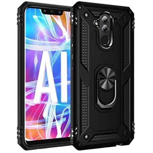 Huawei Mate 20 Lite Kılıf Silikon Zırhlı Standlı Yüzüklü Mıknatıslı Tank Kapak - Siyah