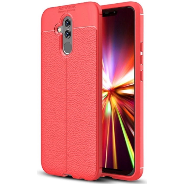 Huawei Mate 20 Lite Kılıf Deri Görünümlü Lüks Parmak İzi Bırakmaz Niss Silikon Kapak - Kırmızı
