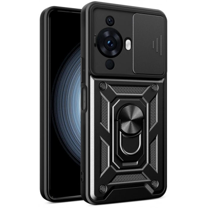 Huawei Nova 12s Kılıf Zırhlı Standlı Silikon Sürgülü Kamera Korumalı Tank Kapak - Siyah