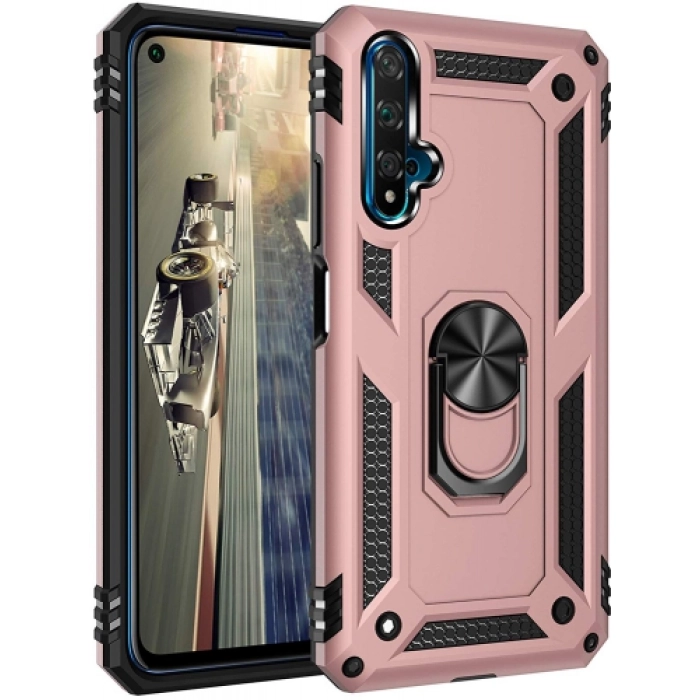 Huawei Nova 5T Kılıf Silikon Zırhlı Standlı Yüzüklü Mıknatıslı Tank Kapak - Rose Gold
