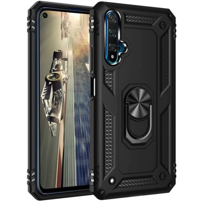 Huawei Nova 5T Kılıf Silikon Zırhlı Standlı Yüzüklü Mıknatıslı Tank Kapak - Siyah