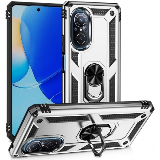 Huawei Nova 9 SE Kılıf Silikon Zırhlı Standlı Yüzüklü Mıknatıslı Tank Kapak - Gümüş